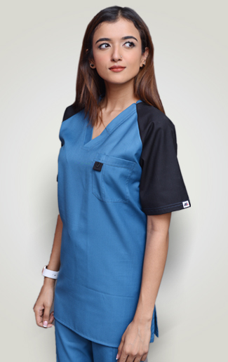 girl wear blue and black color scrub